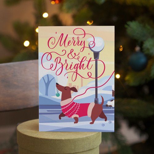 Dachshund Christmas  Merry Bright Calligraphy Holiday Card