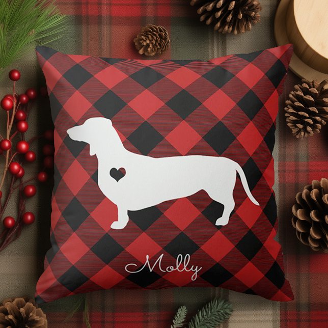Dachshund Christmas Plaid Dog Name Throw Pillow (Creator Uploaded)