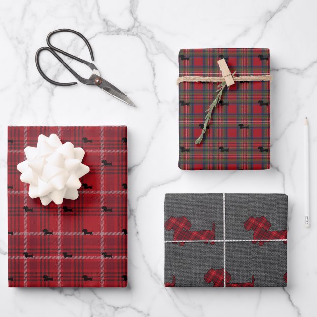 Dachshund Christmas Plaid Gift Wrap Wrapping Paper (Front)