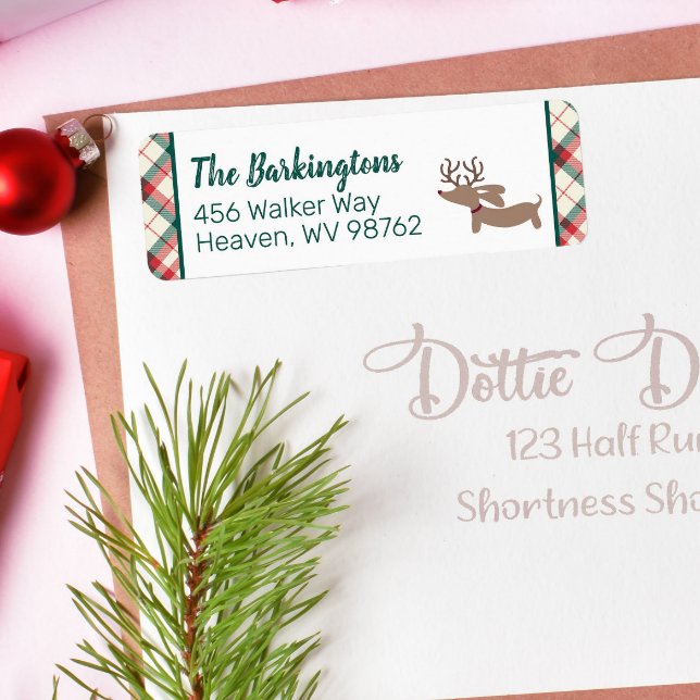 Dachshund Christmas Preppy Plaid Doxie  Label (Personalized dachshund Christmas plaid return address labels for doxie-themed holiday cards)