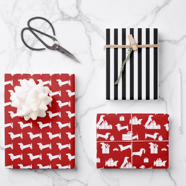 Dachshund Christmas Red and Black Wrapping Paper Sheets (Front)