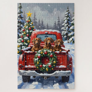 Dachshund Christmas Red Truck Holiday Jigsaw Puzzle