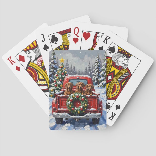 Dachshund Christmas Red Truck Holiday Poker Cards (Back)