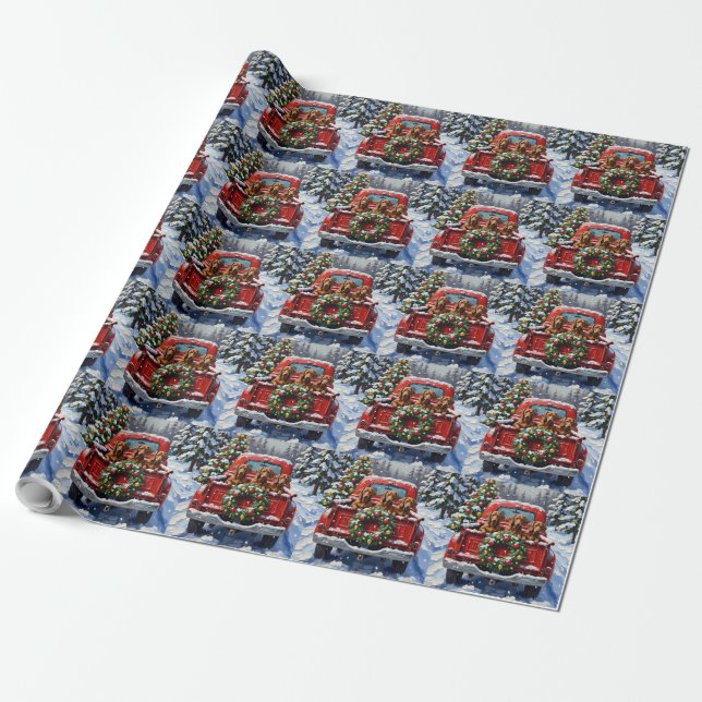 Dachshund Christmas Red Truck Holiday Wrapping Paper (Unrolled)