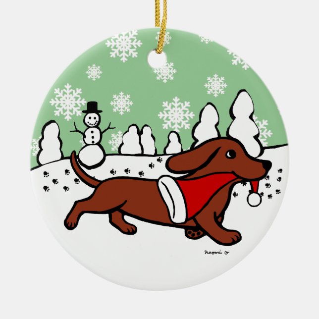 Dachshund Christmas Running Ceramic Ornament (Front)