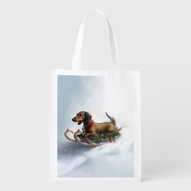 Dachshund Christmas snow winter Grocery Bag (Front)