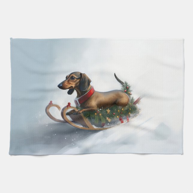 Dachshund Christmas snow winter Kitchen Towel (Horizontal)