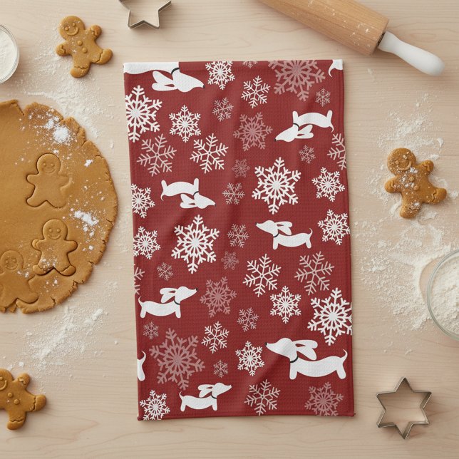 Dachshund Christmas Snowflake Red Dish Towel (Wiener Dog Dachshund Christmas Winter Dish Towel )