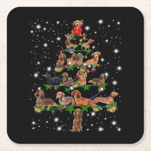 Dachshund Christmas Tree Covered By Flashlight Square Paper Coaster