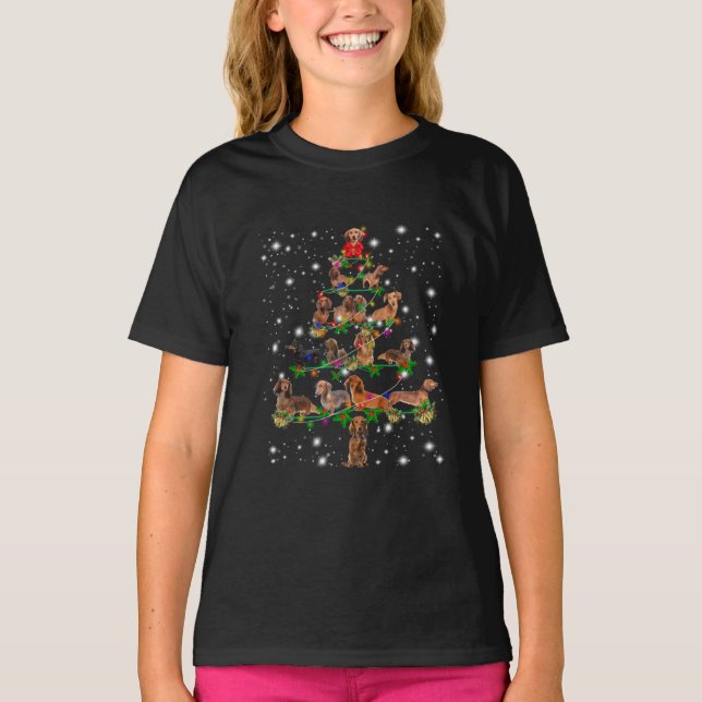 Dachshund Christmas Tree Covered By Flashlight T-Shirt (Front)