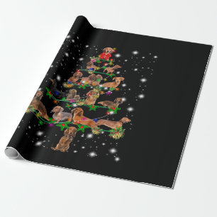 Dachshund Christmas Tree Covered By Flashlight Wrapping Paper