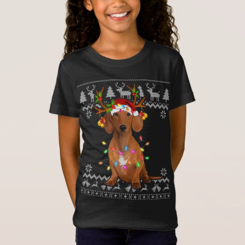 Dachshund Christmas Tree Light Santa Hat Dog Lover T_Shirt