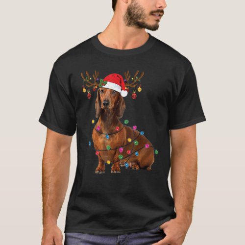 Dachshund Christmas Tree Lights Santa Hat Dog Love T_Shirt