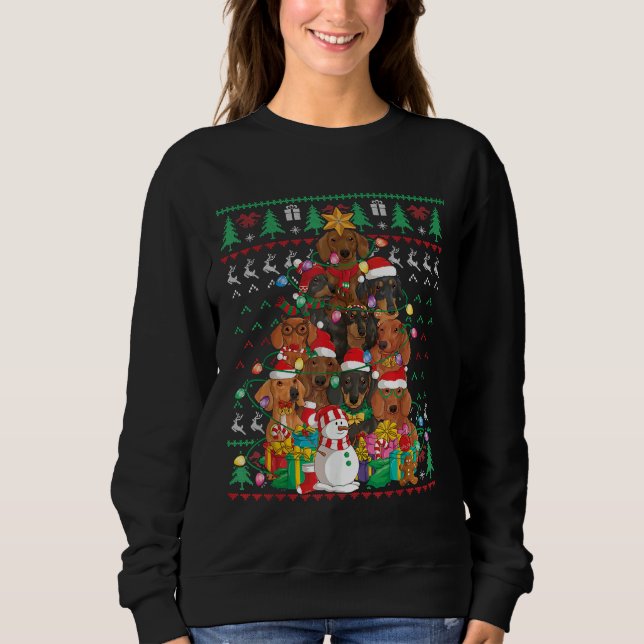 Dachshund Christmas Tree Santa Hat Ugly Sweater Do (Front)