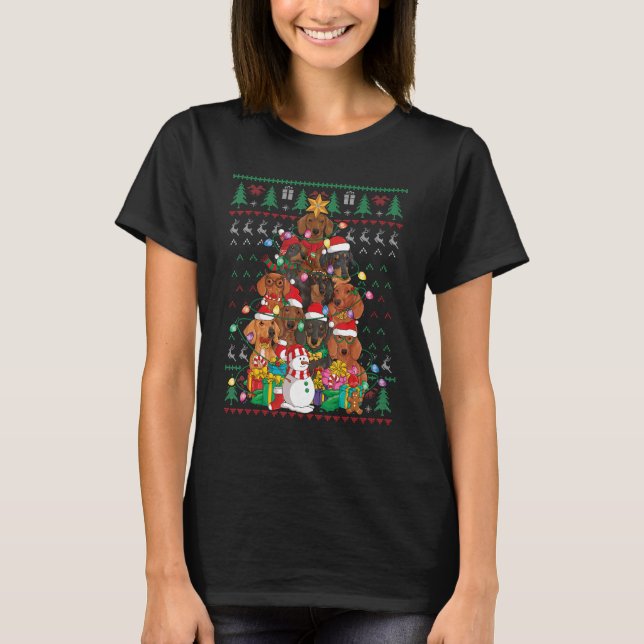 Dachshund Christmas Tree Santa Hat Ugly Sweater Do (Front)