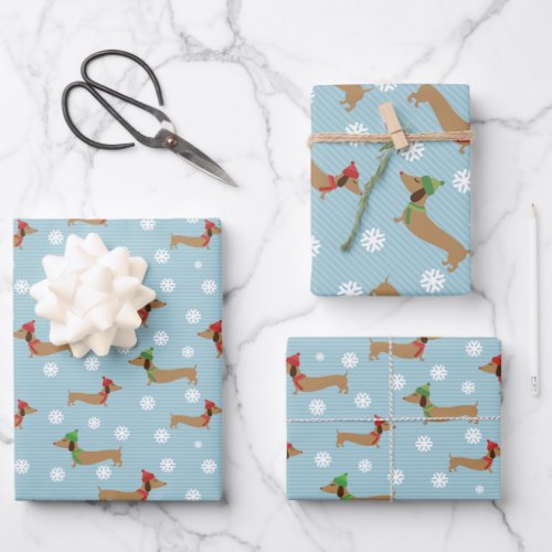 Dachshund Christmas Wrapping Paper Cute Snowflakes