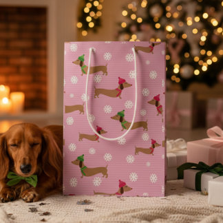 Dachshund Christmas Wrapping Paper Cute Snowflakes Medium Gift Bag