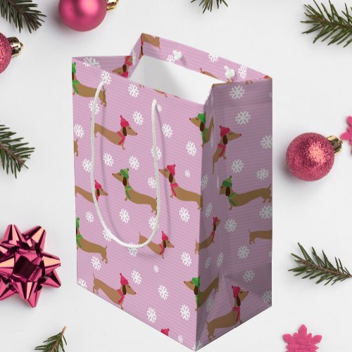 Dachshund Christmas Wrapping Paper Cute Snowflakes Medium Gift Bag