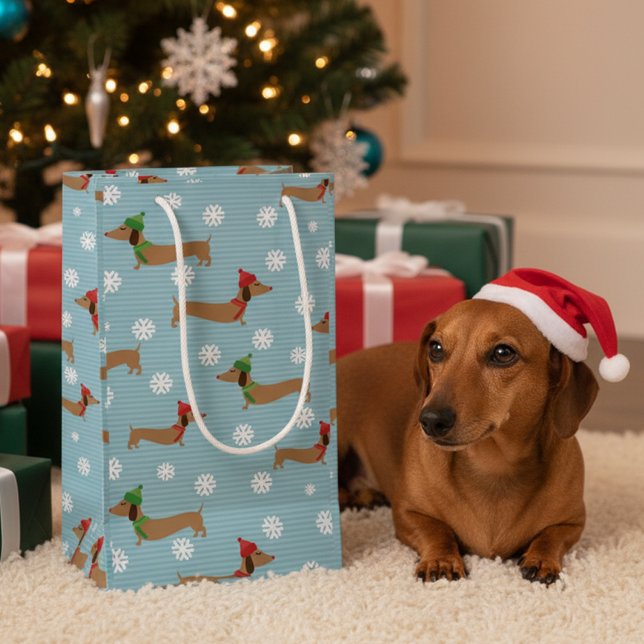 Dachshund Christmas Wrapping Paper Cute Snowflakes Small Gift Bag (Blue dachshund Christmas gift bag - variety of sizes)