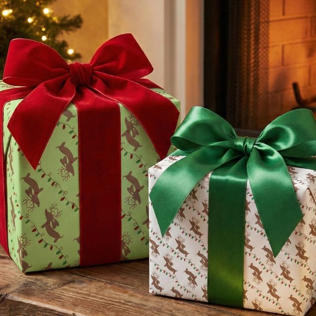 Dachshund Christmas Wrapping Paper - Two Styles (Dachshund Christmas wrapping paper - green and white sheets with dancing sausage dog reindeers)