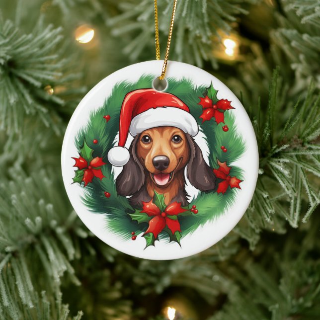 Dachshund Christmas Wreath Ceramic Ornament (Tree)