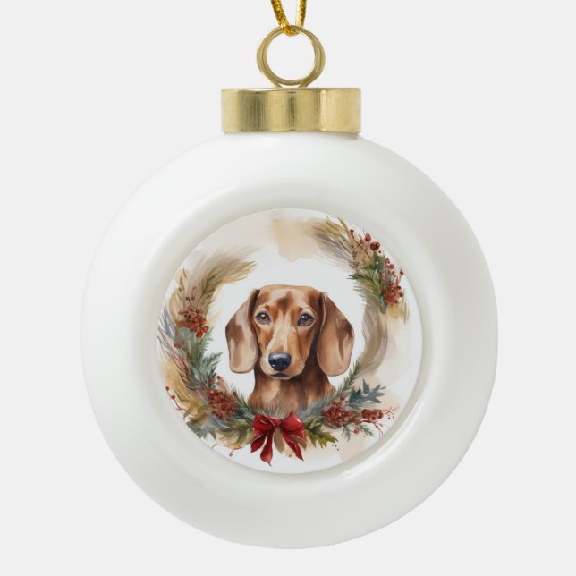 Dachshund Christmas Wreath Festive Pup  Ceramic Ball Christmas Ornament (Front)