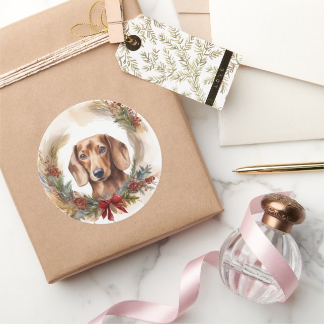 Dachshund Christmas Wreath Festive Pup  Classic Round Sticker (Gifting)