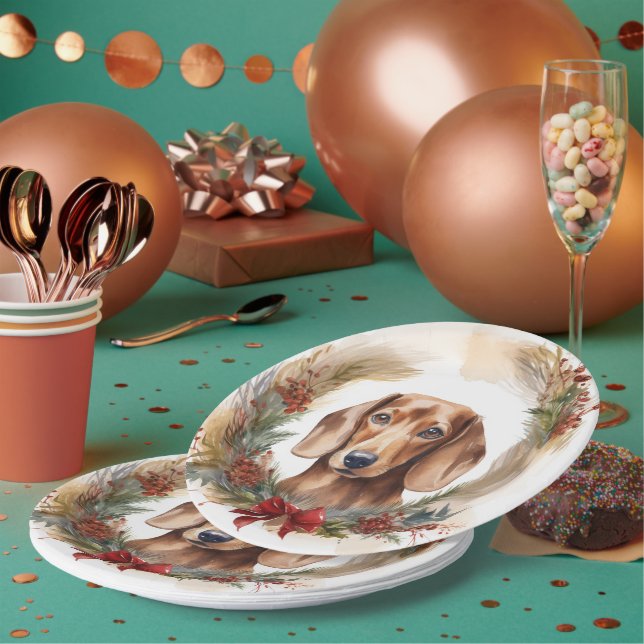 Dachshund Christmas Wreath Festive Pup  Paper Plates (Multi)