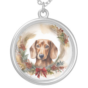 Dachshund Christmas Wreath Festive Pup Silver Plated Necklace