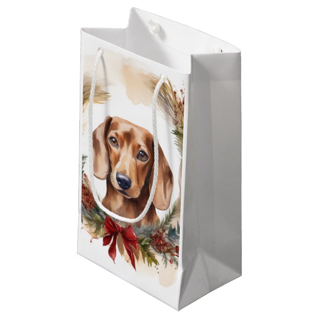Dachshund Christmas Wreath Festive Pup  Small Gift Bag (Front Angled)