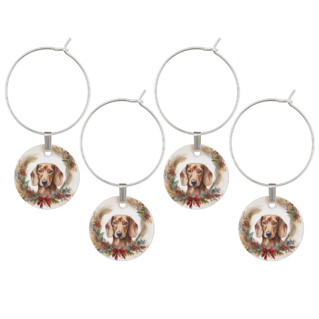 Dachshund Christmas Wreath Festive Pup  Wine Charm (Staggered)