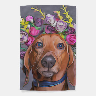Dachshund Close Up Of Dachshund Wearing Flowers Garden Flag