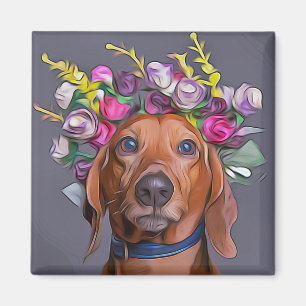 Dachshund Close Up Of Dachshund Wearing Flowers Magnet