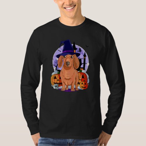 Dachshund Cute Dog Halloween Witch Pumpkin T-Shirt