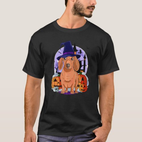 Dachshund Cute Dog Halloween Witch Pumpkin T-Shirt