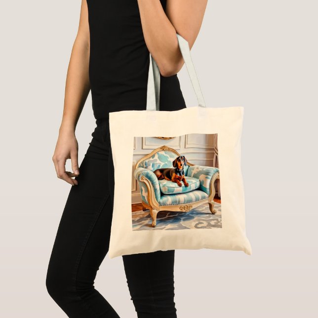Dachshund Cute Sausage Dog on Armchair Monogrammed Tote Bag (Front (Product))