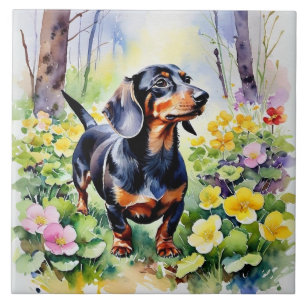 Dachshund Cute Sausage Dog Spring Primrose Flowers Ceramic Tile