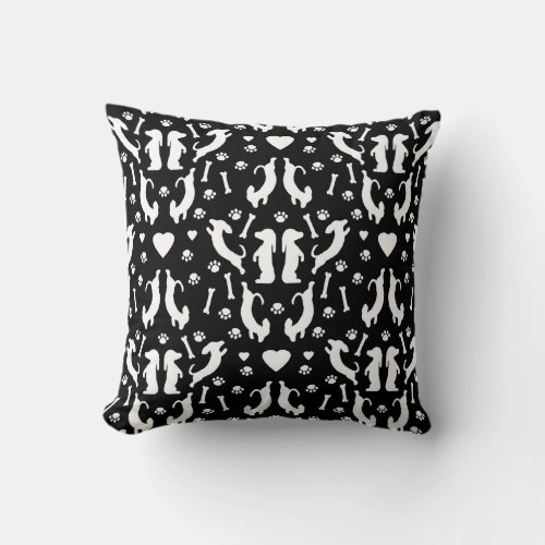 Dachshund Damask Silhouette Black White Throw Pillow
