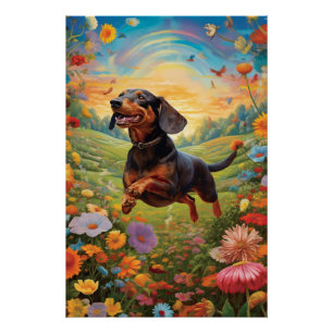 Dachshund Dancing With A Colorful Butterfly Poster