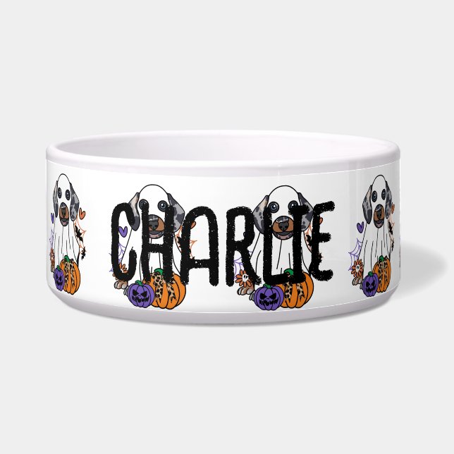 Dachshund Dapple Halloween Ghost Dog Bowl (Front)