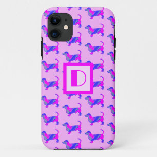Dachshund / Daxie Dog Lover Pink & Blue Monogram iPhone 11 Case