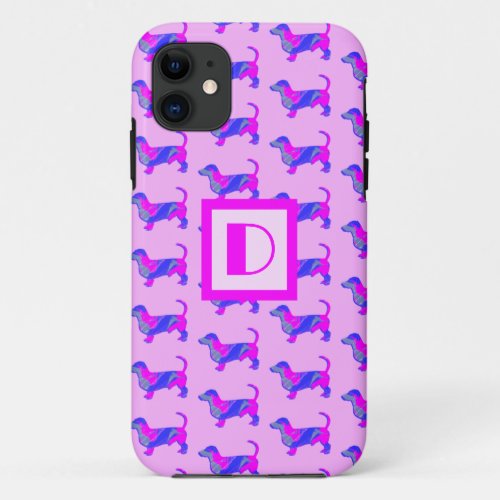 Dachshund  Daxie Dog Lover Pink  Blue Monogram iPhone 11 Case