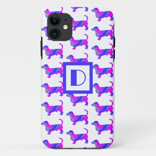 Dachshund  Daxie Dog Lover Pink Blue Monogram iPhone 11 Case