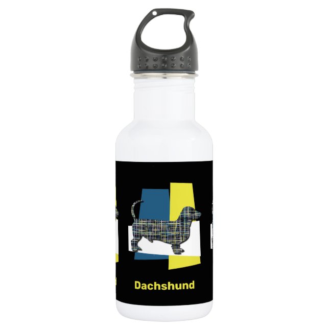 Dachshund / Daxie Dog Silhouette Yellow &Blue Grid Stainless Steel Water Bottle (Front)