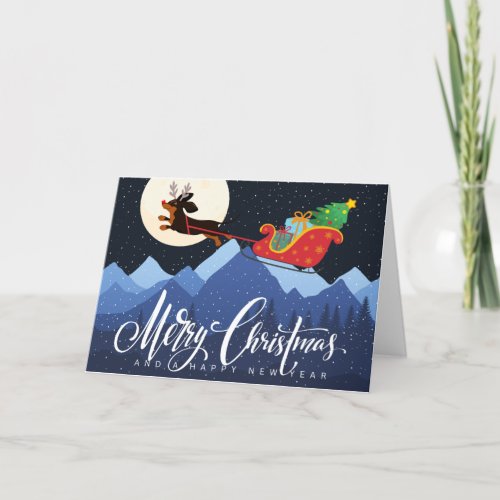 Dachshund Deer Sleigh Mountain Moon Snow Xmas  Holiday Card