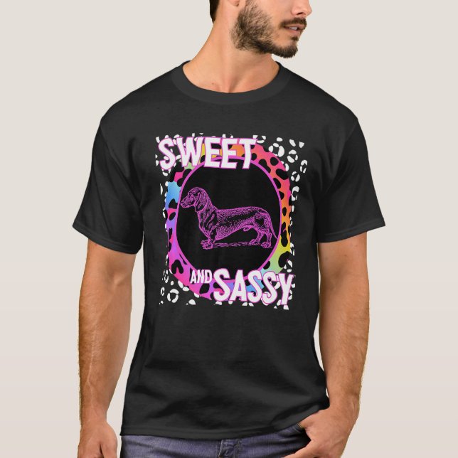 Dachshund Dog 90s Nostalgia Rainbow Leopard Print  T-Shirt (Front)