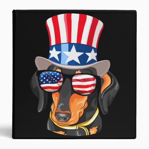 Dachshund Dog American Flag Hat Glasses 3 Ring Binder