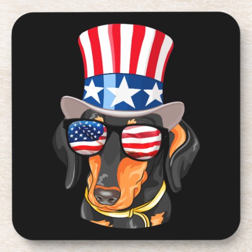 Dachshund Dog American Flag Hat Glasses Beverage Coaster