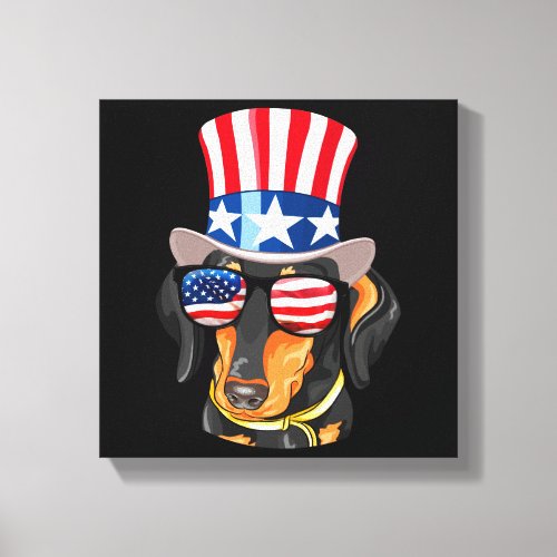 Dachshund Dog American Flag Hat Glasses Canvas Print