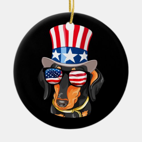 Dachshund Dog American Flag Hat Glasses Ceramic Ornament